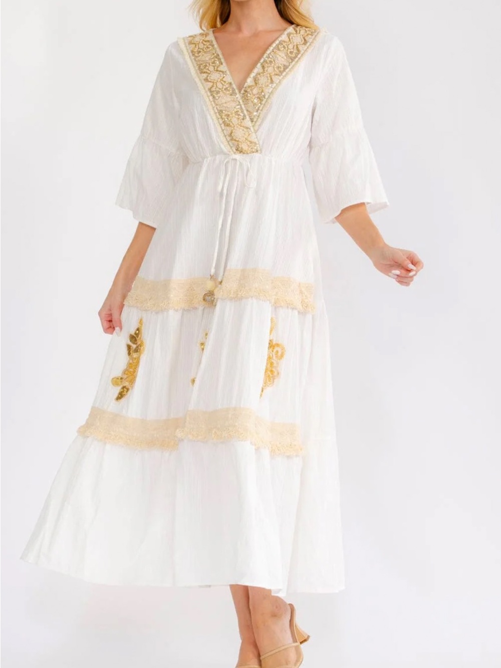 Boutique Off White Maxi Dress with Gold Embroidery